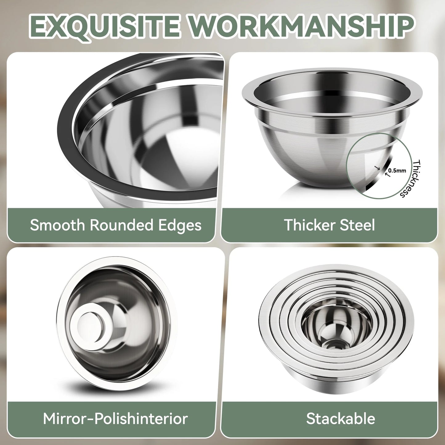 Laoyebaoho Mixing Bowls with Lids, 5 Pcs Stainless Steel Bowls Set with Graters,Salads Mixing Bowl Set with Strainer for Kitchen, Baking, Serving