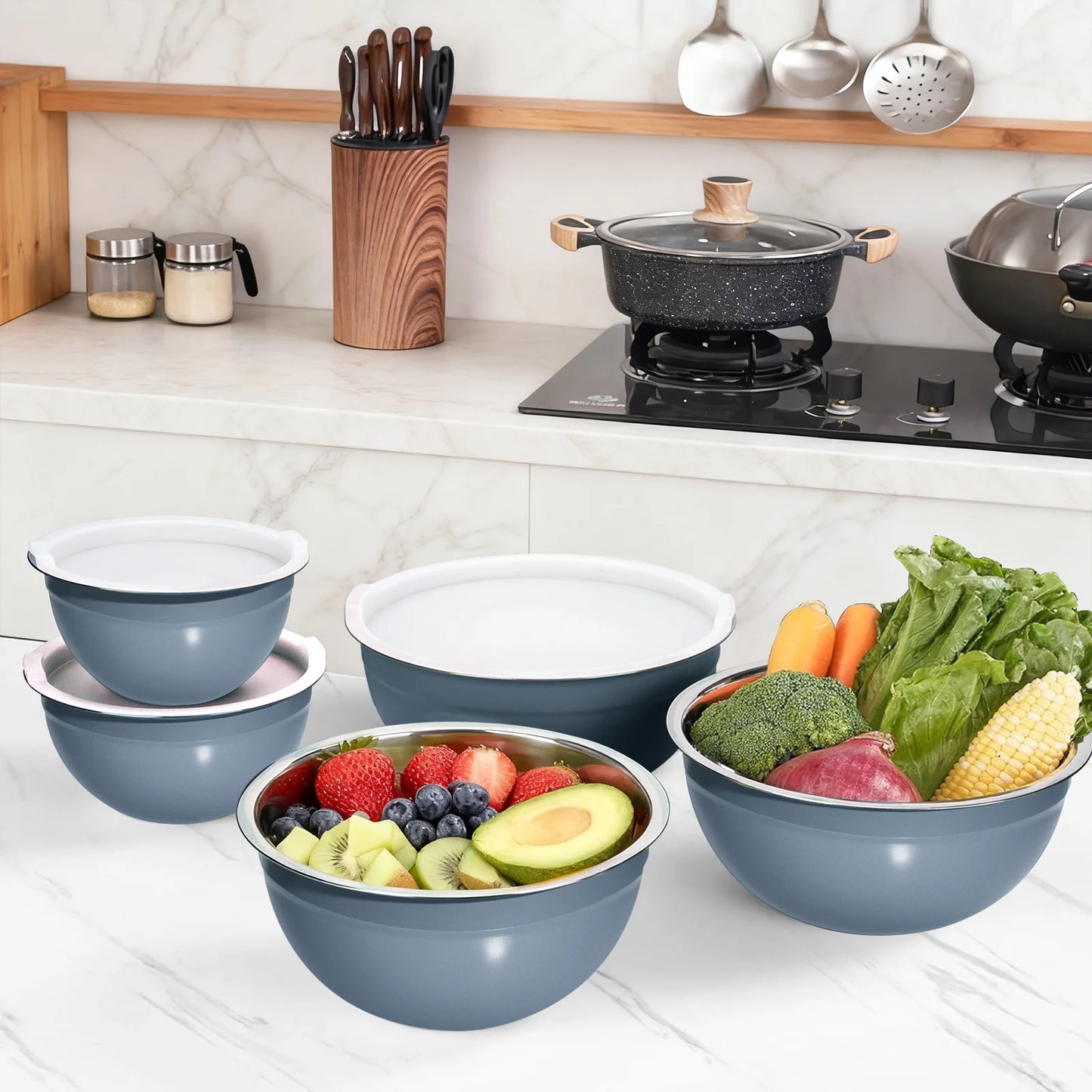 Laoyebaoho Stainless Steel Mixing Bowls with Lids, 5 Pcs Mixing Bowls for Kitchen,Blue