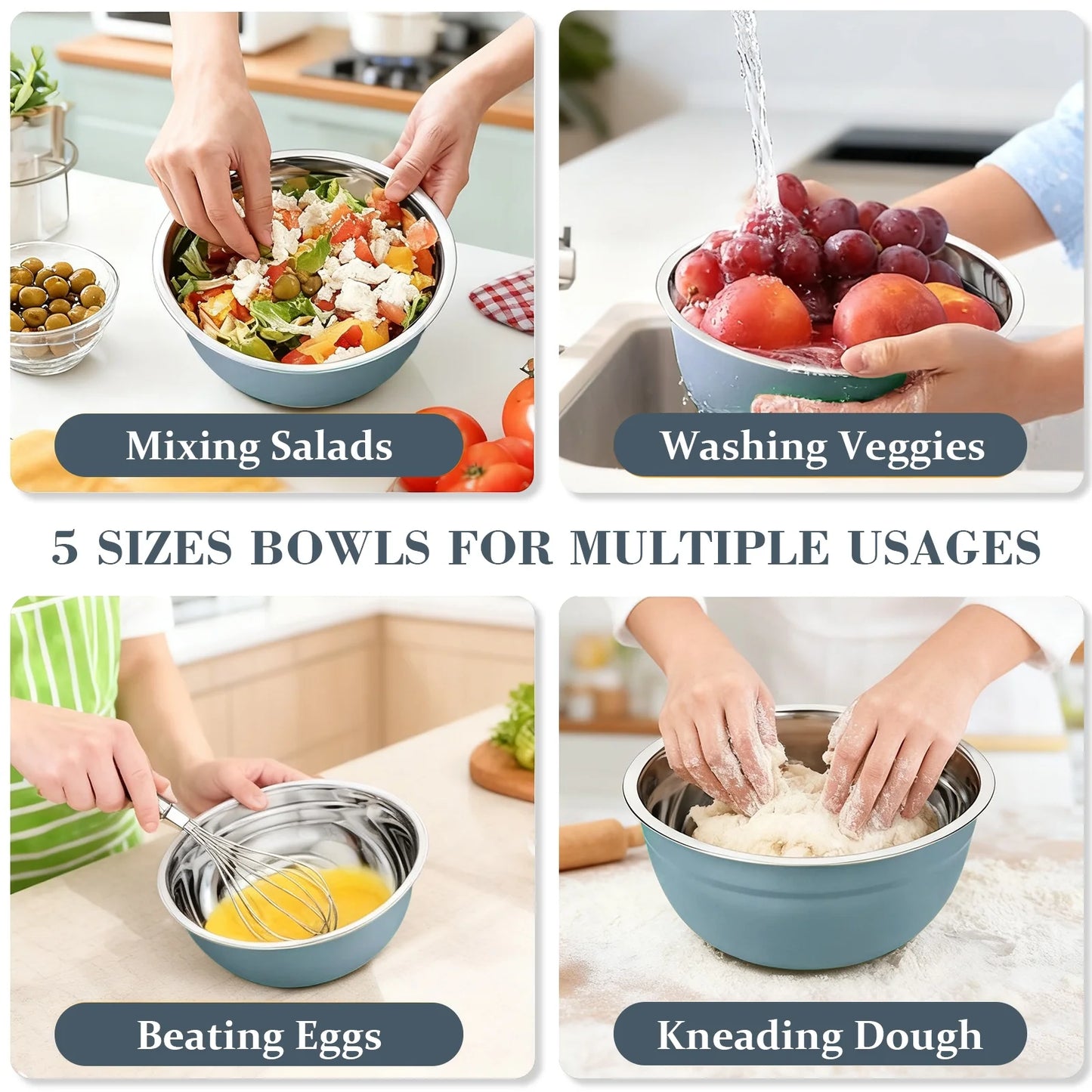 Laoyebaoho Stainless Steel Mixing Bowls with Lids, 5 Pcs Mixing Bowls for Kitchen,Blue