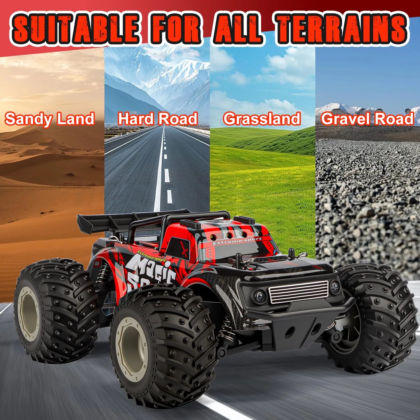 VKFVKF Remote Control Car, 2.4Ghz Glow-up RC Monster Truck with Body Lights & Headlights, 2 Rechargeable Batteries for 100 Min Play, 20 KM/H All Terrain Off-Road Toys for Boys Kids Age 4-12