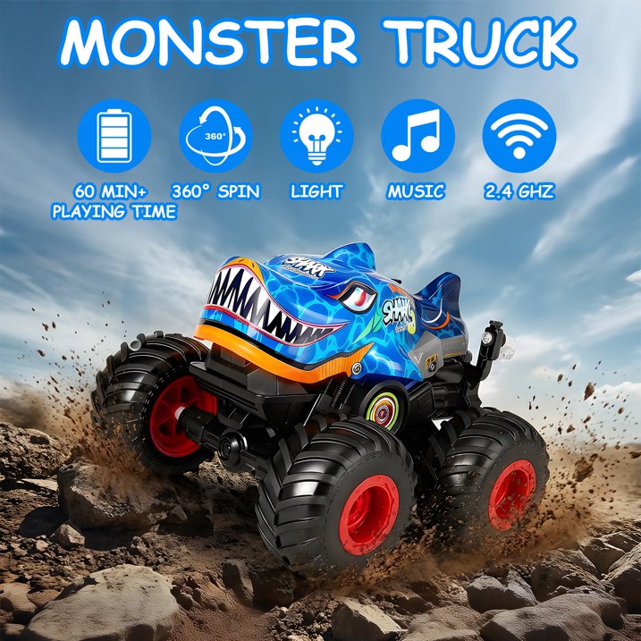VKFVKF RC Monster Trucks, Remote Control Car with Light & Sound, 360° Rotating RC Stunt Car for Boys