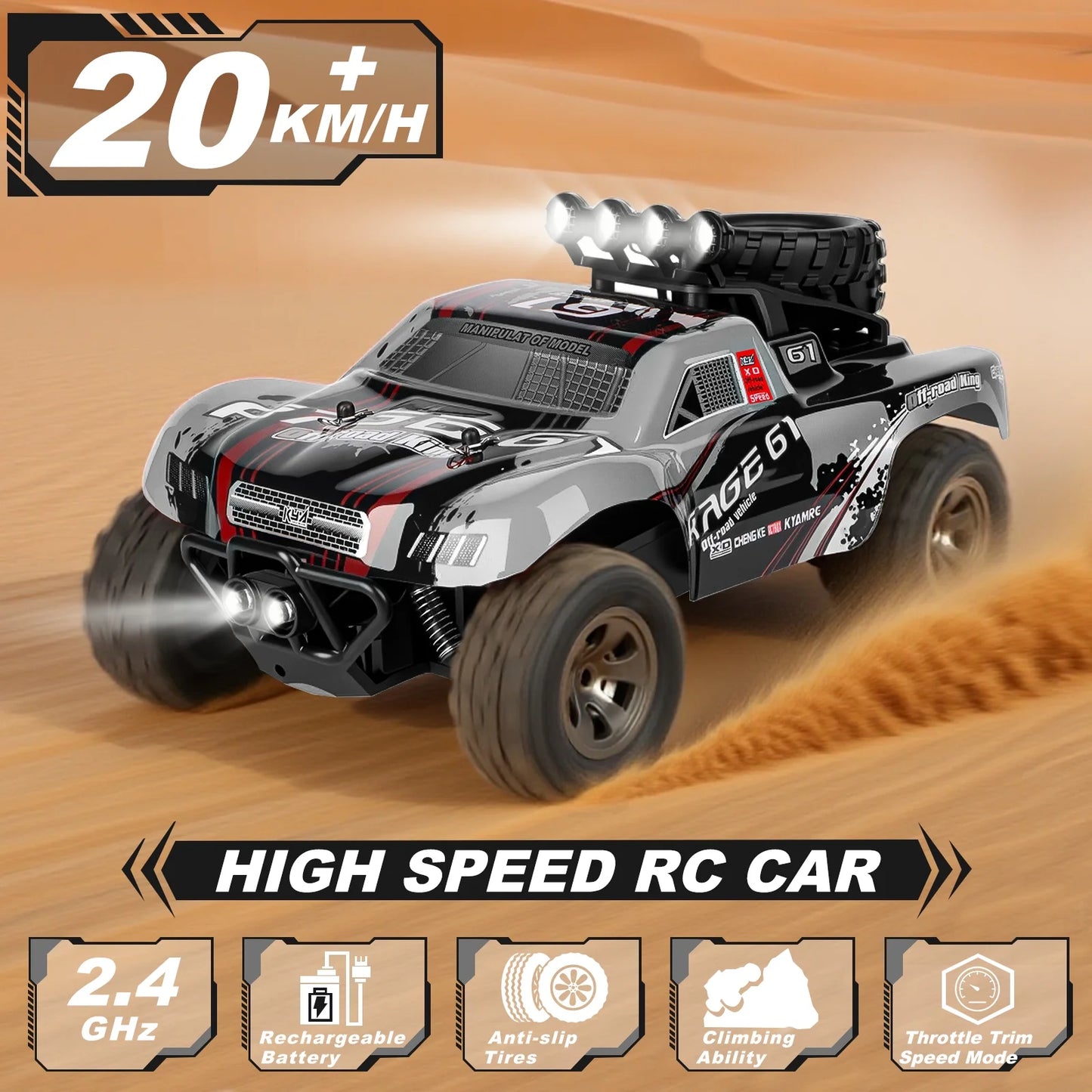 VKFVKF Remote Control Car, RC Car for Kids, RC Monster Truck with Lights & Headlights,All Terrain Off Road Vehicle, Gift for Boys/Girls Age 4+