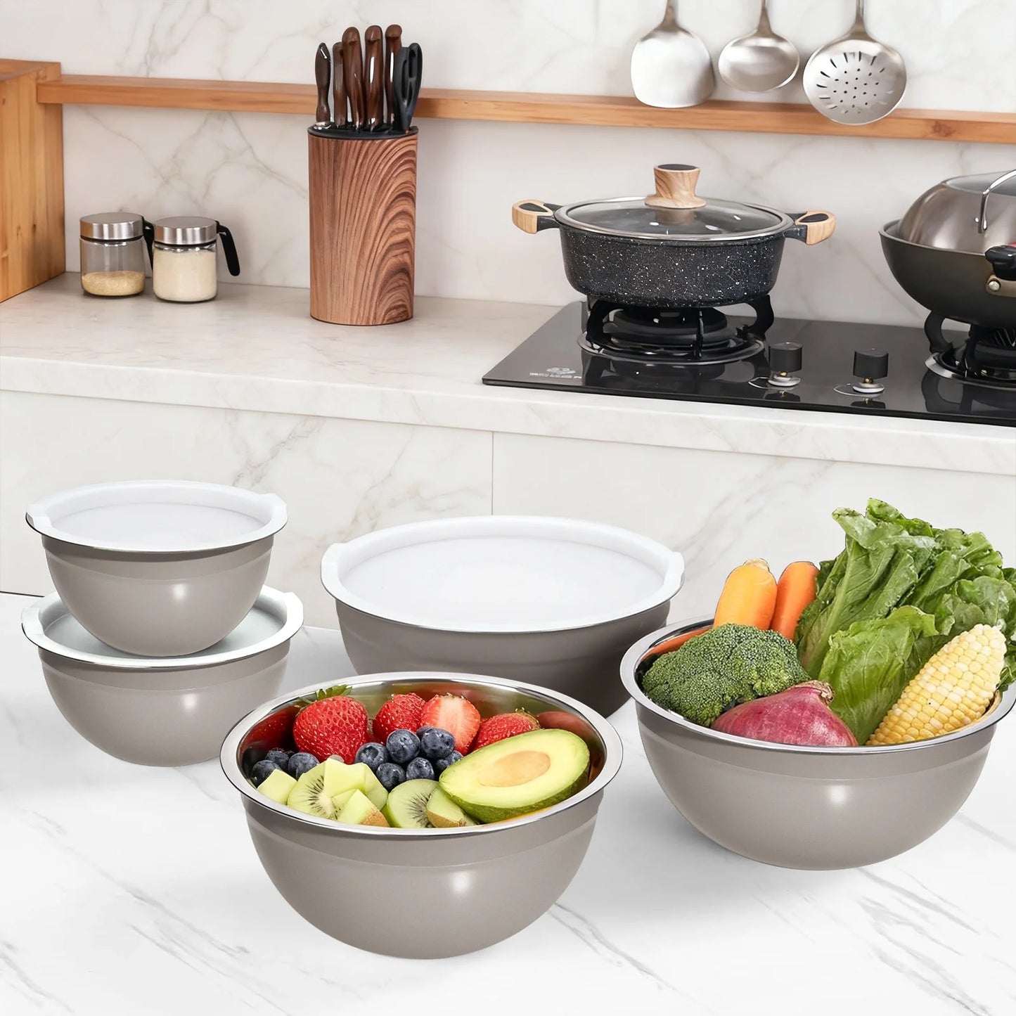 Laoyebaoho Mixing Bowls with Lids Set of 5,Stainless Steel Mixing Bowls Setfor Kitchen,Brown
